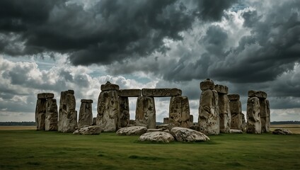 Stonehenge under cloudy sky.