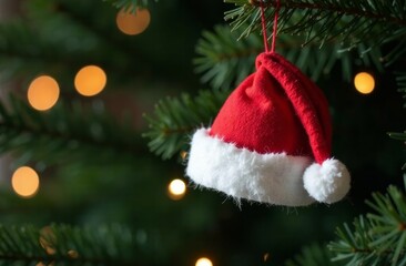 Toy Santa hat hanging on a Christmas tree branch, festive background with copy space. Concept: New Year, holiday celebrations, traditional, symbol