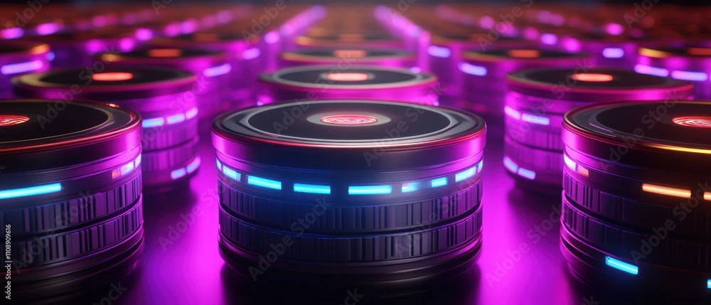 Poster array of illuminated circular devices with vibrant colors
