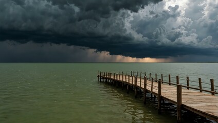 Fototapeta premium Storm brewing over Albufera with a wooden pier.