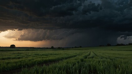 Fototapeta premium Storm brewing over an open field at dusk.