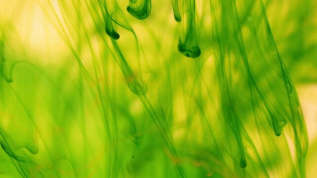 Green ink breaks up in water creating abstract structures, inky background