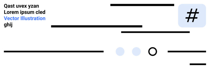 Fototapeta premium Abstract text structure with black lines, blue dots, and a metadata tag symbol. Mixed textual elements and minimalist design. Ideal for web interfaces, landing pages, modern templates, digital media