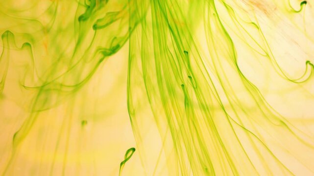 Green ink breaks up in water creating abstract structures, inky background