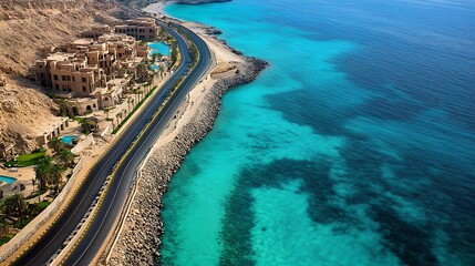 Aerial view of a winding coastal road running alongside turquoise sea water