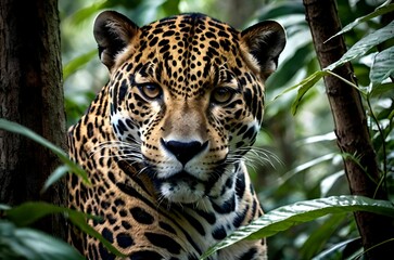Fototapeta premium Glimpse into the heart of the jungle, as a leopard's face emerges from the emerald green leaves.