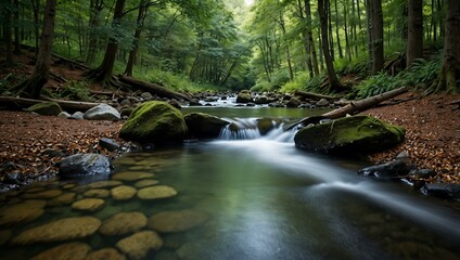 Stream in the woods, creating a peaceful setting.