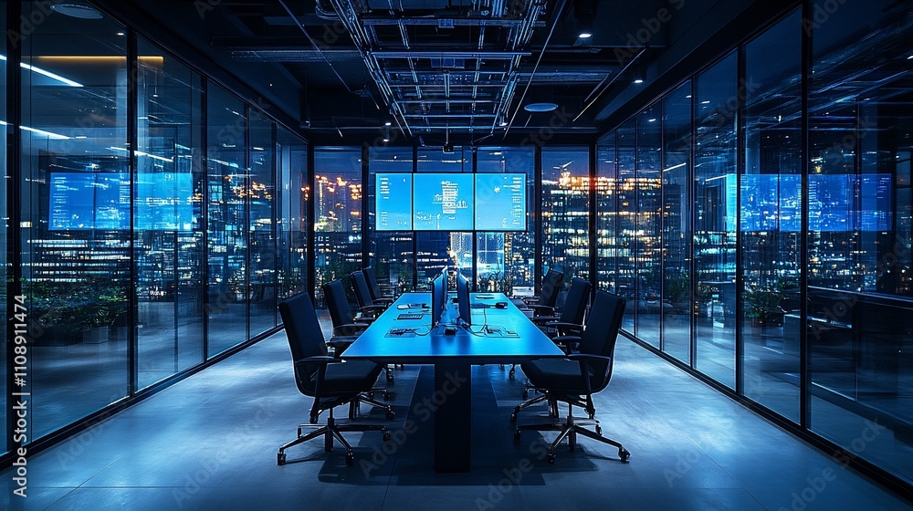Poster night view of a modern, glass-walled conference room with city skyline backdrop and large screens di