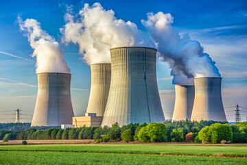 Nuclear power plant front view , isolated on natural background
