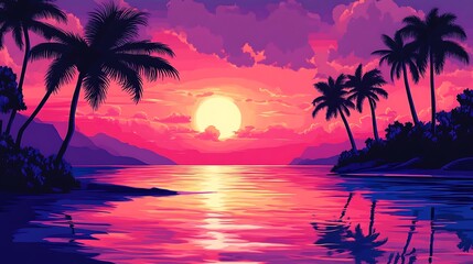 Sunset reflecting on the sea with silhouettes of palm trees on the shore