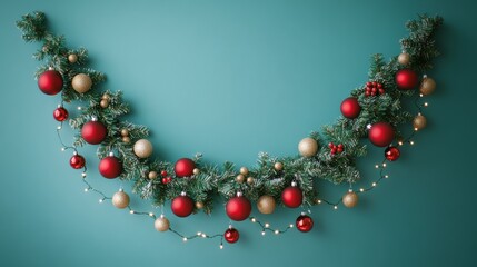 Obraz premium Christmas garland with red and gold ornaments on blue background