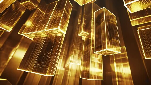 Abstract Golden Rectangular Prisms: A Digital Art Piece Depicting a Stunning Array of Luminous, Glowing, and Interconnected Geometric Shapes, Evoking a Sense of Modernity, Technology, and Luxury.