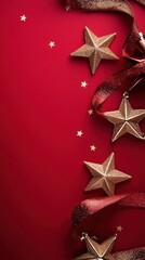 Christmas frame with golden ribbon and metallic stars on red background