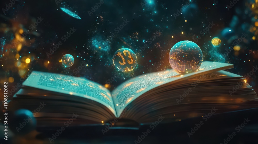 Poster a book is open to a page with a glowing orb in the middle