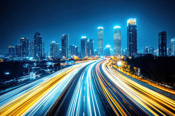 Obraz premium Nighttime cityscape with glowing windows