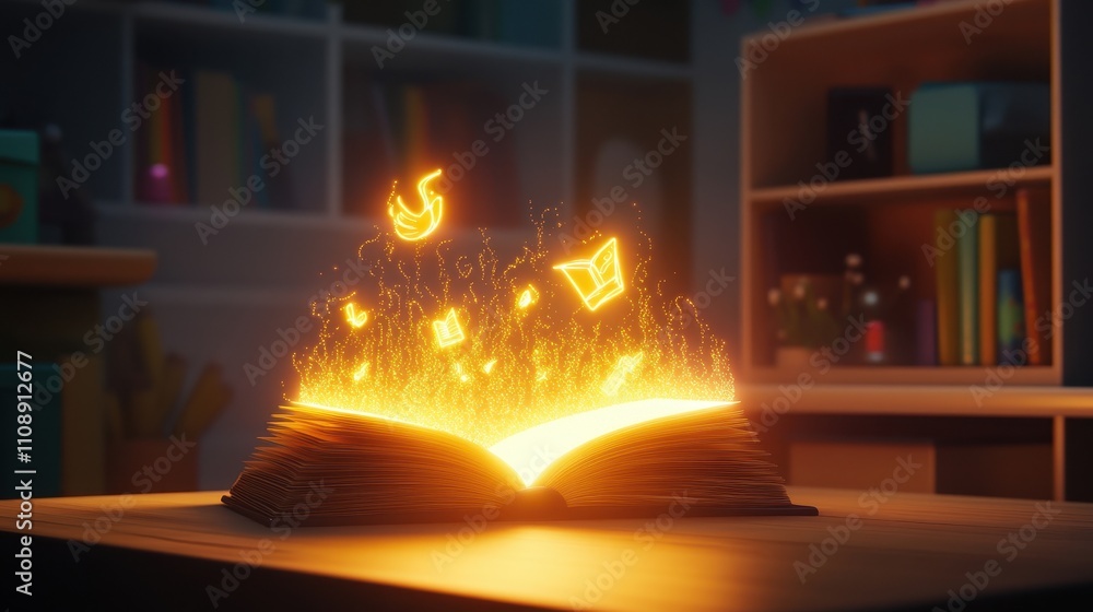 Poster a book is open to a page with a glowing light and a few other symbols
