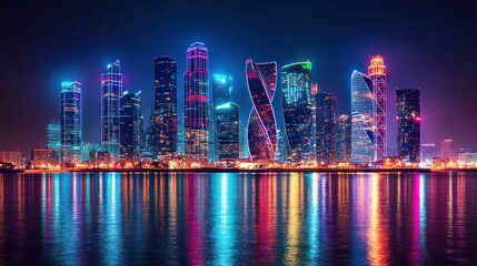 Obraz premium Moscow City at Night: A Dazzling Display of Skyscrapers and Lights