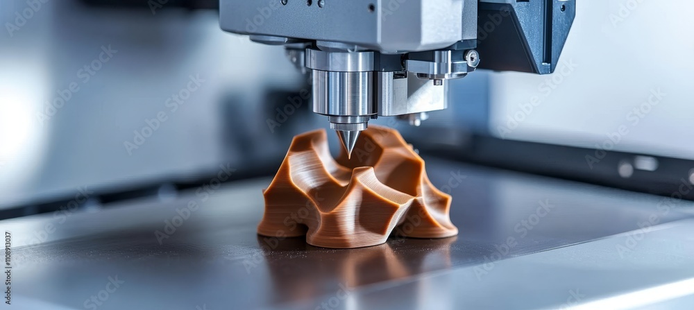 Poster sophisticated 3d printer creating an intricate design from brown material in a lab, close-up view.