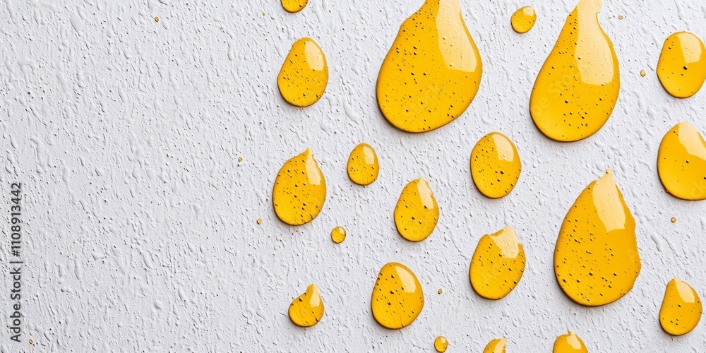 Poster the image features vibrant yellow droplets of liquid on a textured white surface, creating a strikin