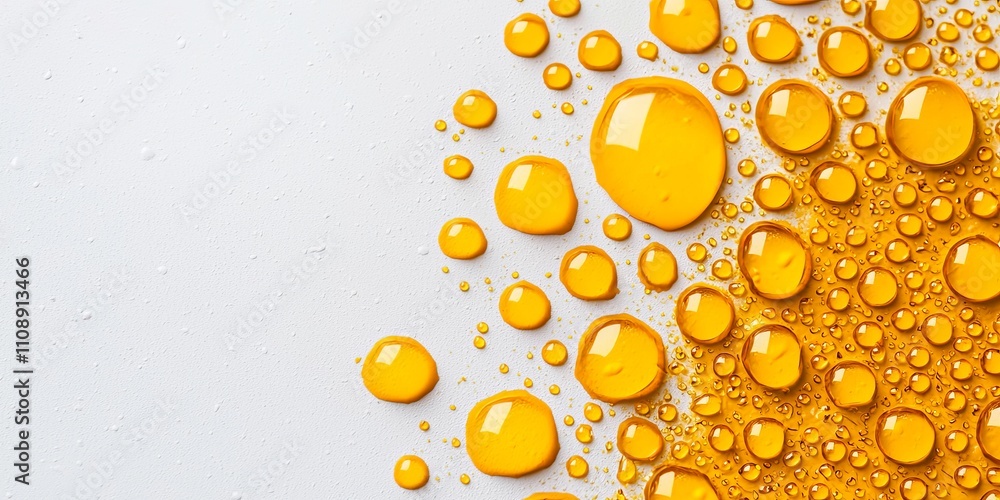 Poster a close-up image of yellow droplets on a light background, showcasing texture and reflection.