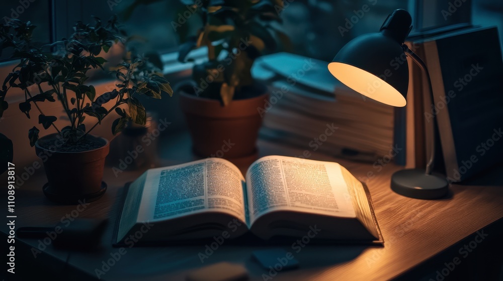 Poster a book is open on a table with a lamp shining on it