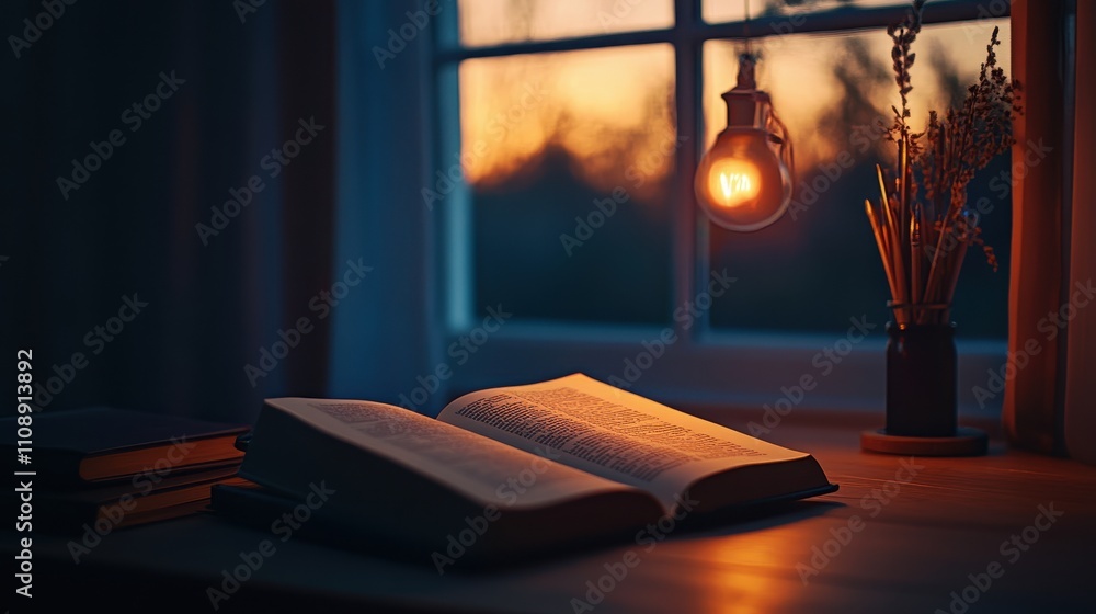Poster a book is open on a table with a lamp hanging from the window