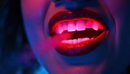 Naklejka premium Face with mouth open, teeth illuminated with red neon light