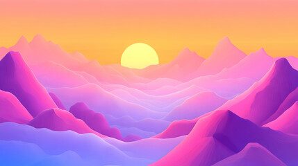 Fototapeta premium Vibrant sunset over a range of pastel-colored mountains.