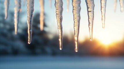 Icicles hang from a surface, glistening in the sunlight, with a blurred snowy landscape in the background, capturing the essence of winter.
