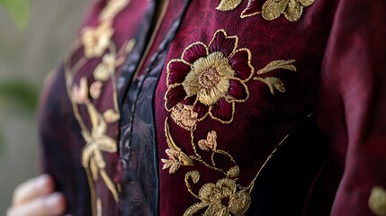 Close-up of Red Fabric with Gold Floral Embroidery
