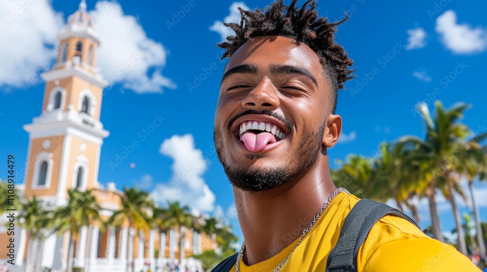 Poster man with a tongue sticking out is smiling in front of a large building. concept of fun and lighthear