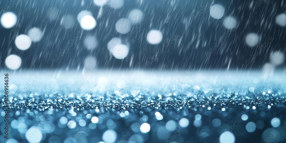 Poster a mesmerizing close-up of rain droplets falling, creating a serene blue atmosphere with shimmering r