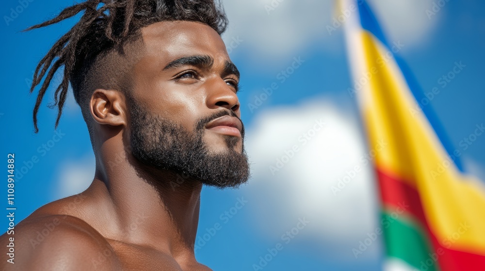 Poster man with dreadlocks and a beard is looking at a flag. the flag is multicolored and has a yellow stri