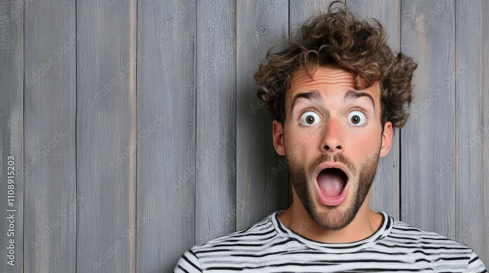 Poster man with a surprised expression on his face. the image is a close up of the man's face