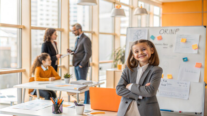 selective focus of smiling businesswoman standing with crossed arms in office