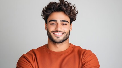 Obraz premium Man with a beard and a smile is wearing an orange shirt. He is posing for a picture