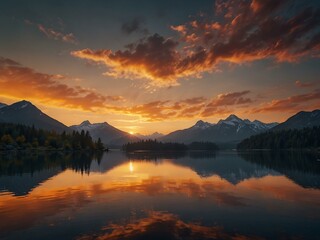 Fototapeta premium Stunning sunset over a mountainous landscape with a tranquil lake.