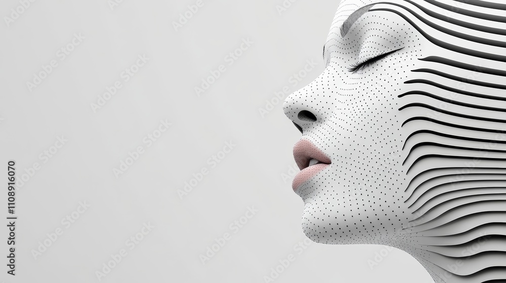 Poster woman's face is displayed in a white background with a black and white pattern. the image is a styli