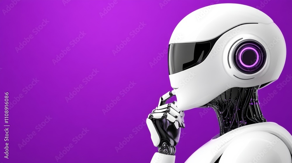 Poster robot with a purple background and purple and white face. the robot is looking down and he is thinki