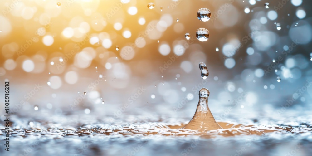 Poster a close-up image capturing a water droplet splashing on a surface, surrounded by a blurred, colorful
