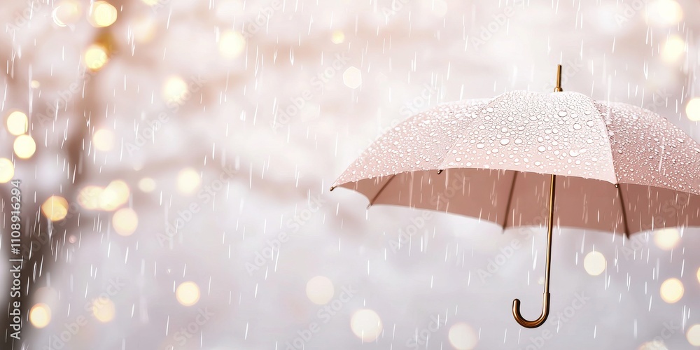 Poster a soft pink umbrella stands against a backdrop of rain and sparkling bokeh lights, creating a serene
