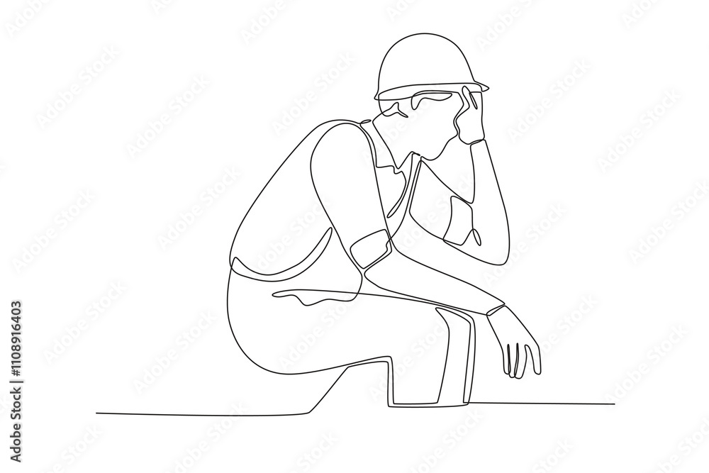 Poster single continuous line drawing of project employees who are stressed at work. dynamic single line dr