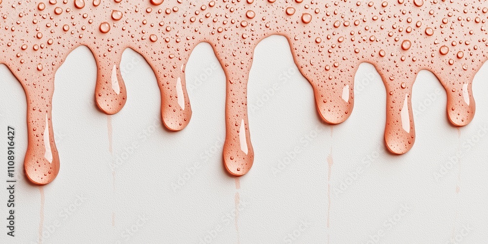 Poster a close-up of pink liquid with droplets, creating a melting effect against a light background, evoki