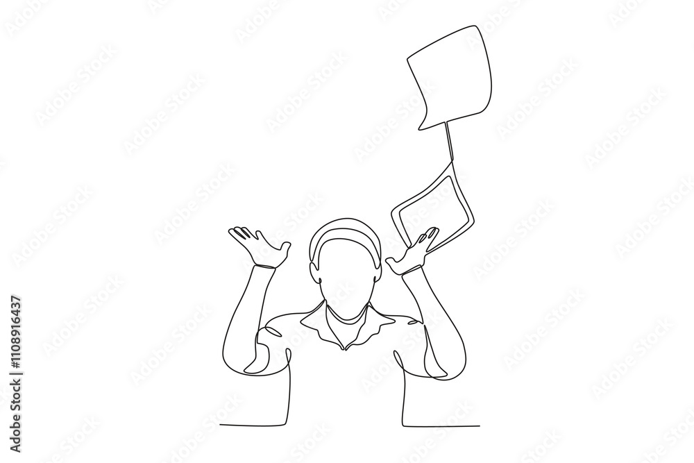 Poster single continuous line drawing of stressed employee at work throws away files. dynamic single line d