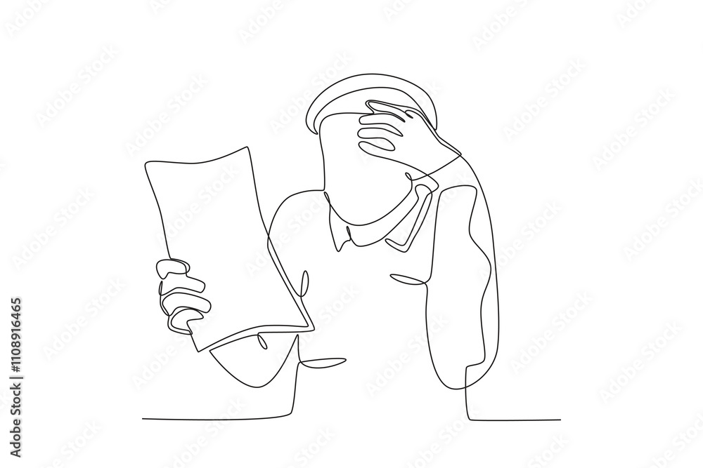 Aufkleber single continuous line drawing of stressed employee at work while reading files. dynamic single line