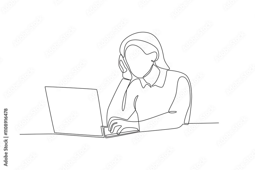 Fototapete single continuous line drawing of stressed employee while working in front of laptop. dynamic single