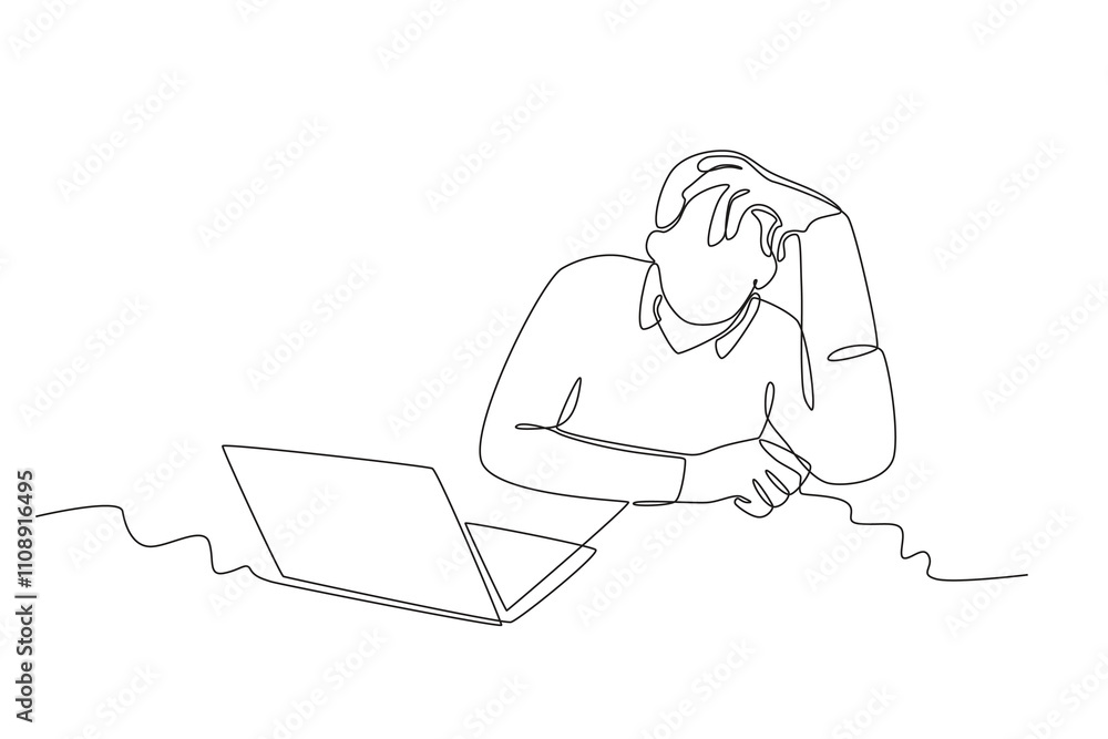Aufkleber single continuous line drawing of stressed employee while working in front of laptop. dynamic single