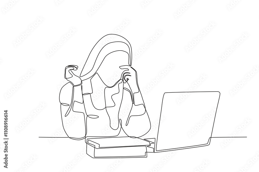 Aufkleber single continuous line drawing of stressed employee while working in front of laptop. dynamic single