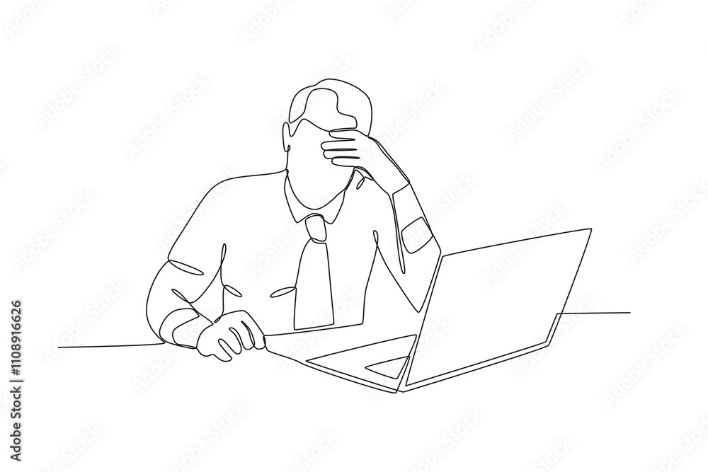 Fototapete single continuous line drawing of stressed employee while working in front of laptop. dynamic single