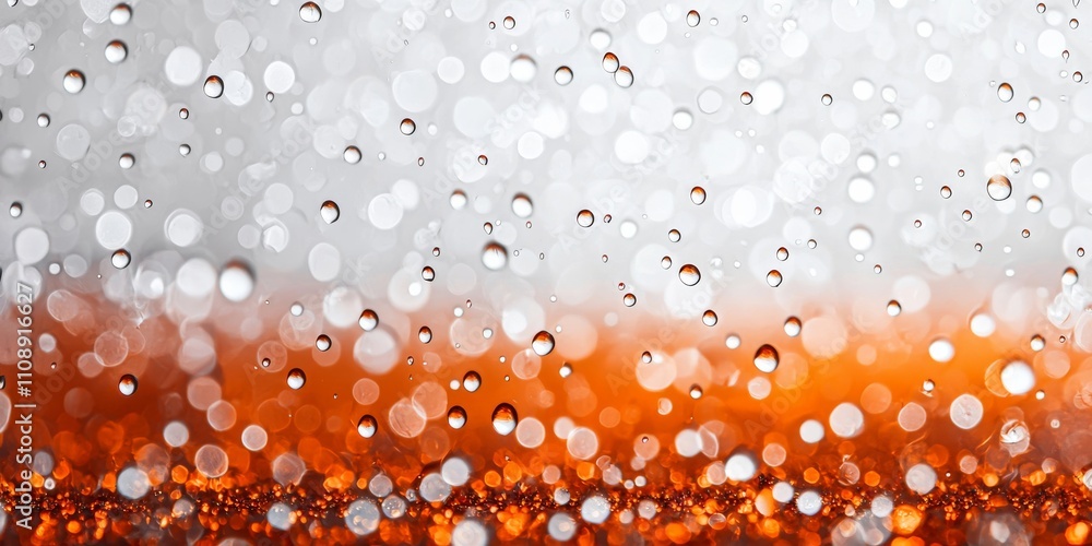 Poster a close-up of water droplets on a surface, creating a bokeh effect with soft orange and white hues, 